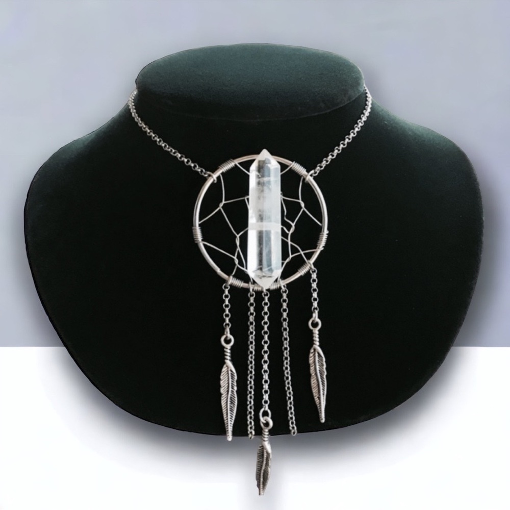 Dream catcher necklace . Genuine double point crystal quartz boho feather silver - Picture 5 of 11